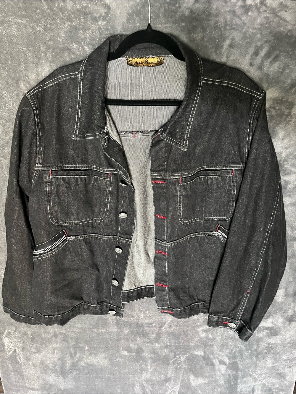 Ashley Stewart Black Denim Jacket with Red Stitch Accents